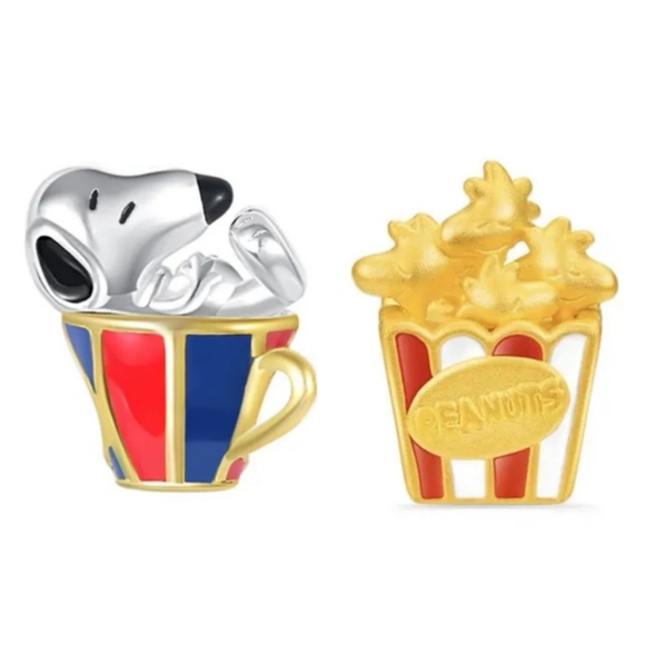 ( 2) Charms Snoopy in coffee mug & Woodstock popcorn charms S925 FITS Pandora - Picture 1 of 6